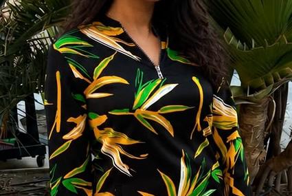 Long-sleeve printed satin dress