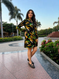 Long-sleeve printed satin dress